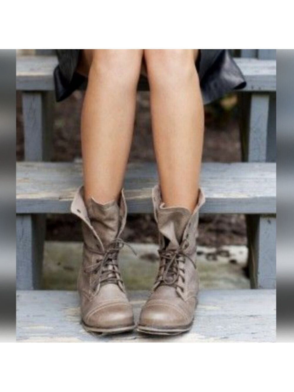 Steve Madden Troopa Leather Moto Boots in Stone, Size 6M